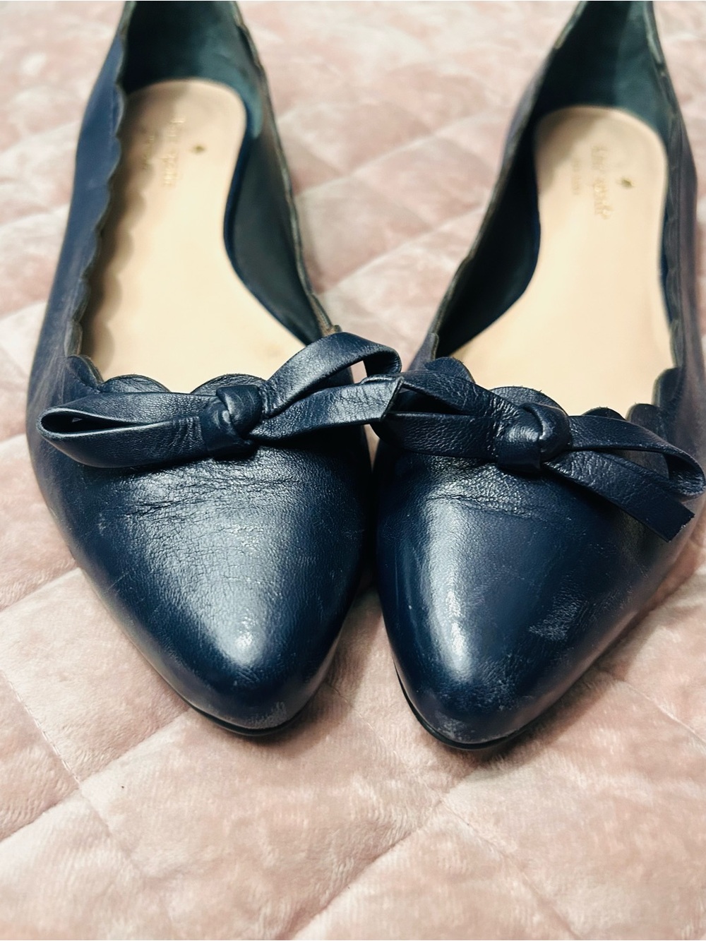 kate spade Navy Pointed Bow Leather Flats